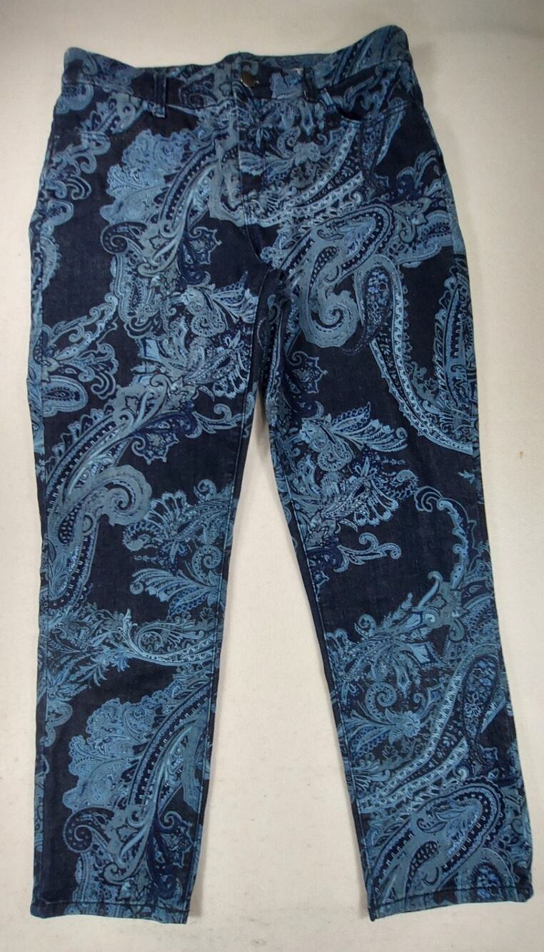 Chico's Slim Leg Ankle Paisley On Blue Girlfriend Pants Size 1 Stretch Fit